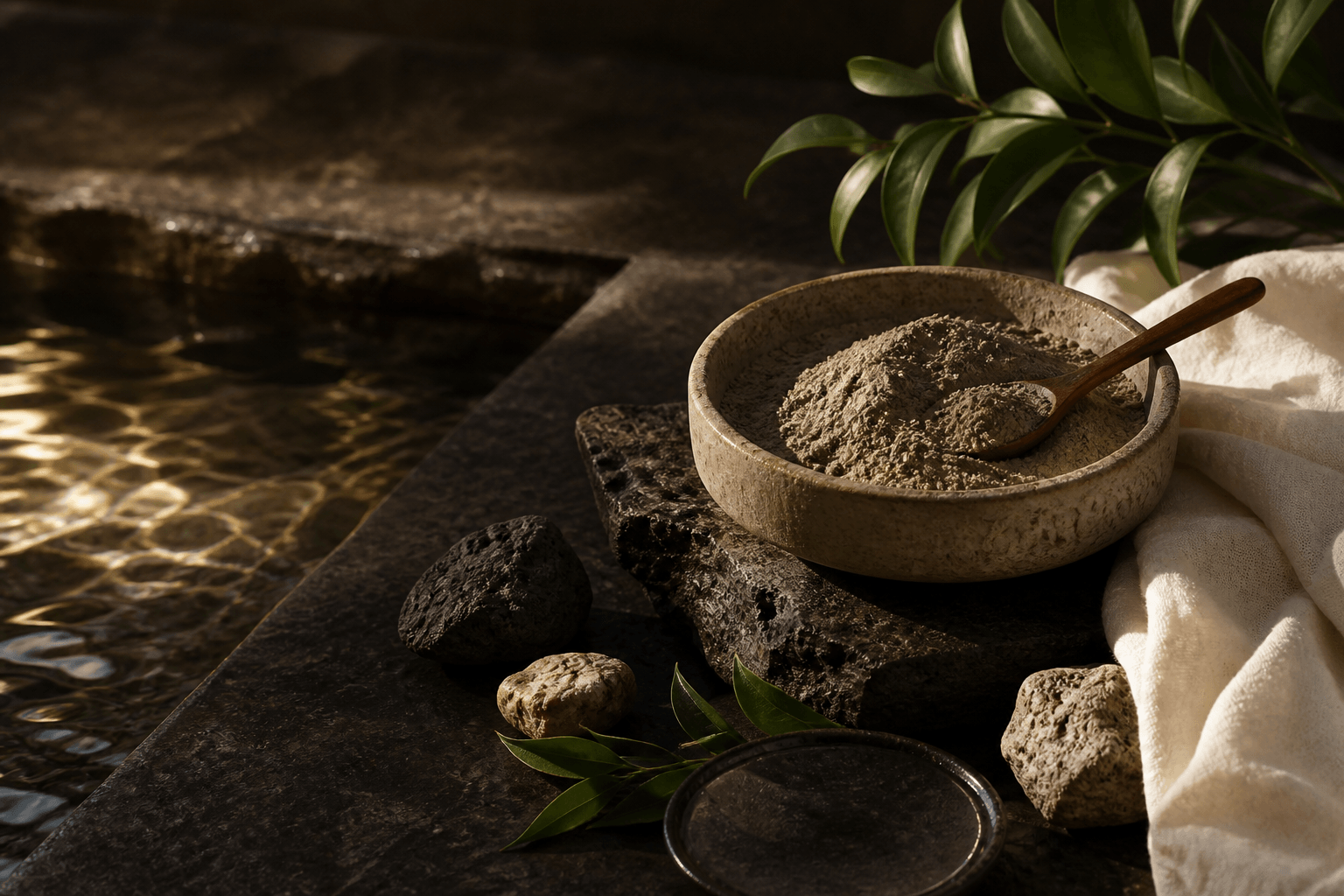 Khaki clay in a stone bowl beside water, linen and botanical leaves